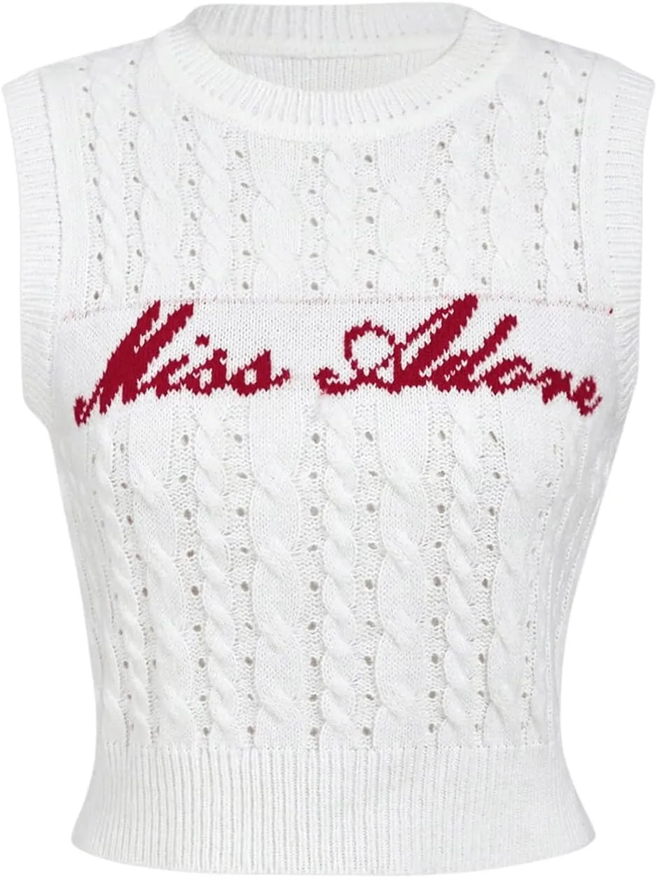GORGLITTER Women's Letter Embroidered Crew Neck Sweater Vest Cable Knit Cropped Sleeveless Sweaters