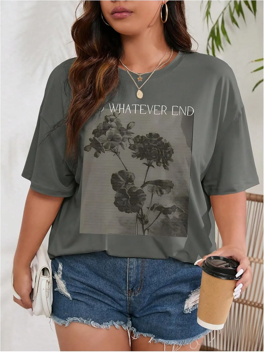 GORGLITTER Women's Plus Size Floral Graphic Oversized T Shirt Crewneck Half Short Sleeve Tee Top