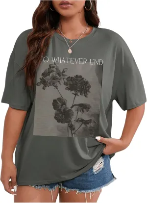 GORGLITTER Women's Plus Size Floral Graphic Oversized T Shirt Crewneck Half Short Sleeve Tee Top