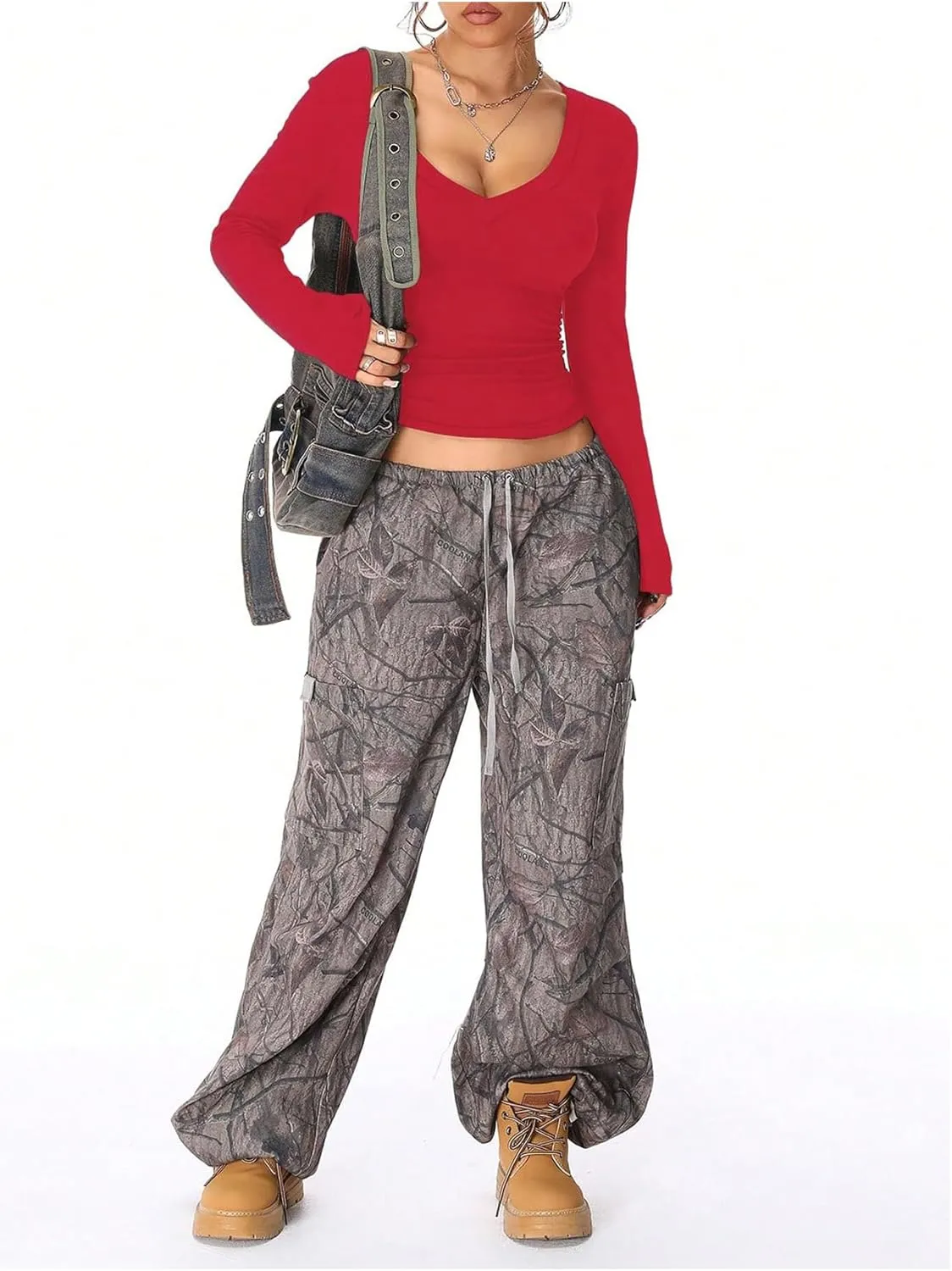 GORGLITTER Women's Y2k Camo Print Ruched Tee Top V Neck Long Sleeve Slim T Shirts