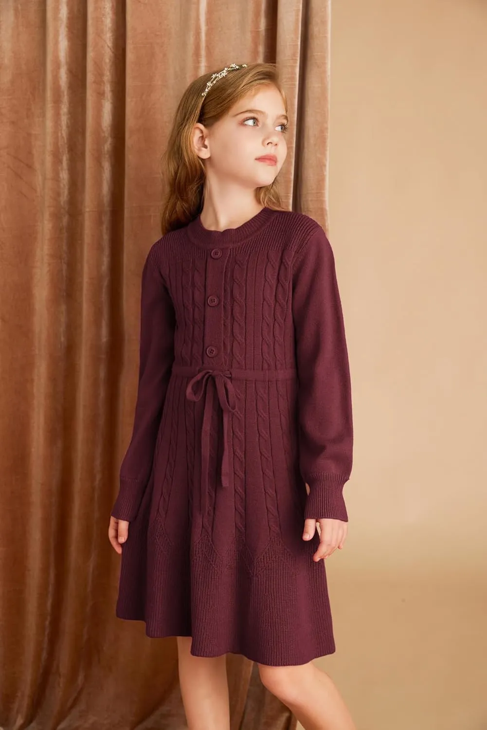 GRACE KARIN Girls Sweater Dress Fall Winter Long Sleeve Kids Fashion Drawstring Waist Cable Knit Dresses Size 5-12