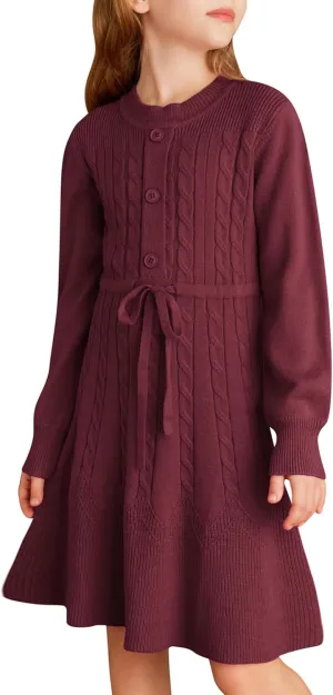 GRACE KARIN Girls Sweater Dress Fall Winter Long Sleeve Kids Fashion Drawstring Waist Cable Knit Dresses Size 5-12