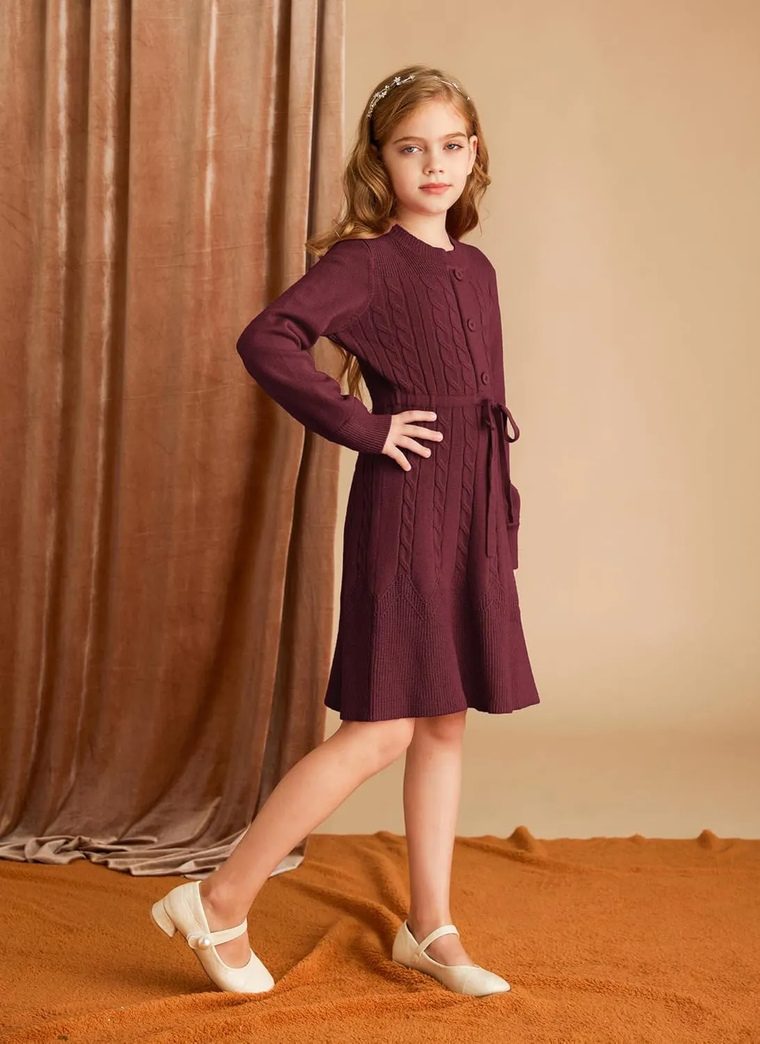 GRACE KARIN Girls Sweater Dress Fall Winter Long Sleeve Kids Fashion Drawstring Waist Cable Knit Dresses Size 5-12