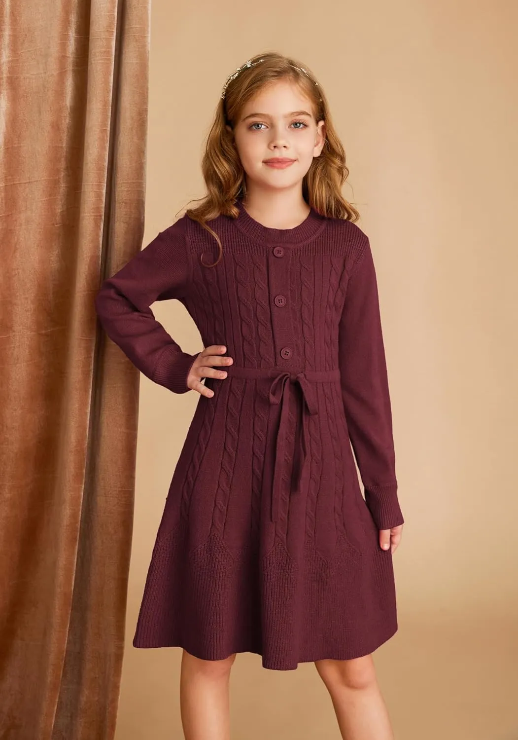 GRACE KARIN Girls Sweater Dress Fall Winter Long Sleeve Kids Fashion Drawstring Waist Cable Knit Dresses Size 5-12