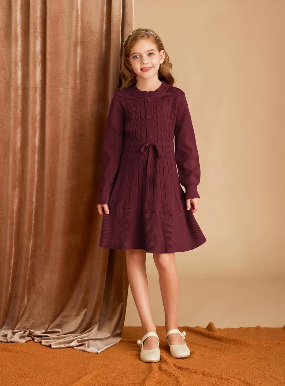 GRACE KARIN Girls Sweater Dress Fall Winter Long Sleeve Kids Fashion Drawstring Waist Cable Knit Dresses Size 5-12