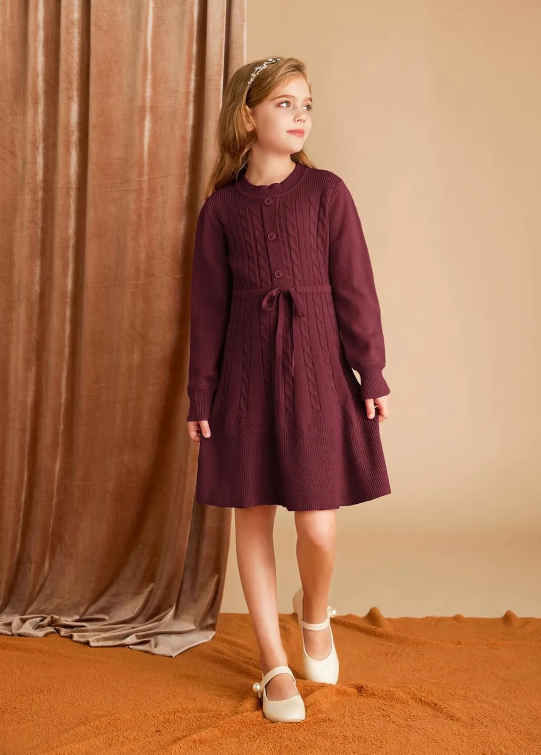 GRACE KARIN Girls Sweater Dress Fall Winter Long Sleeve Kids Fashion Drawstring Waist Cable Knit Dresses Size 5-12