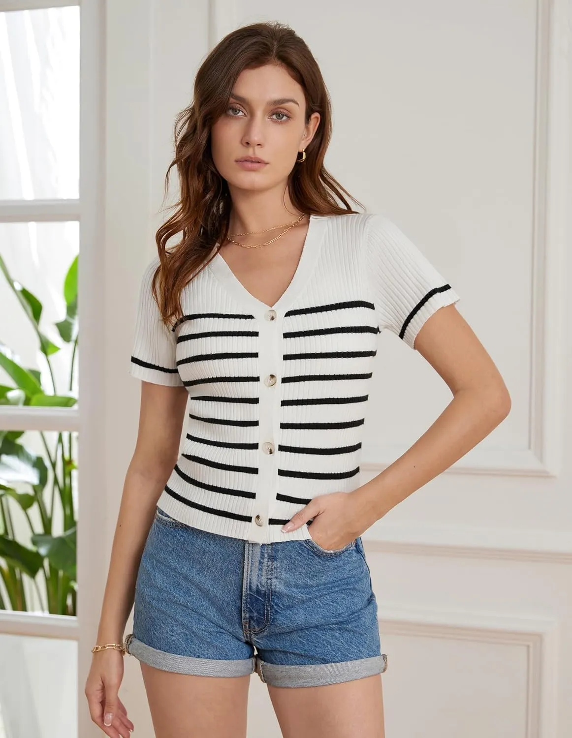 GRACE KARIN Womens Short Sleeve Sweater Tops V Neck Knitted Striped Shirts Casual Collared Work Top Comfy 2025 Summer