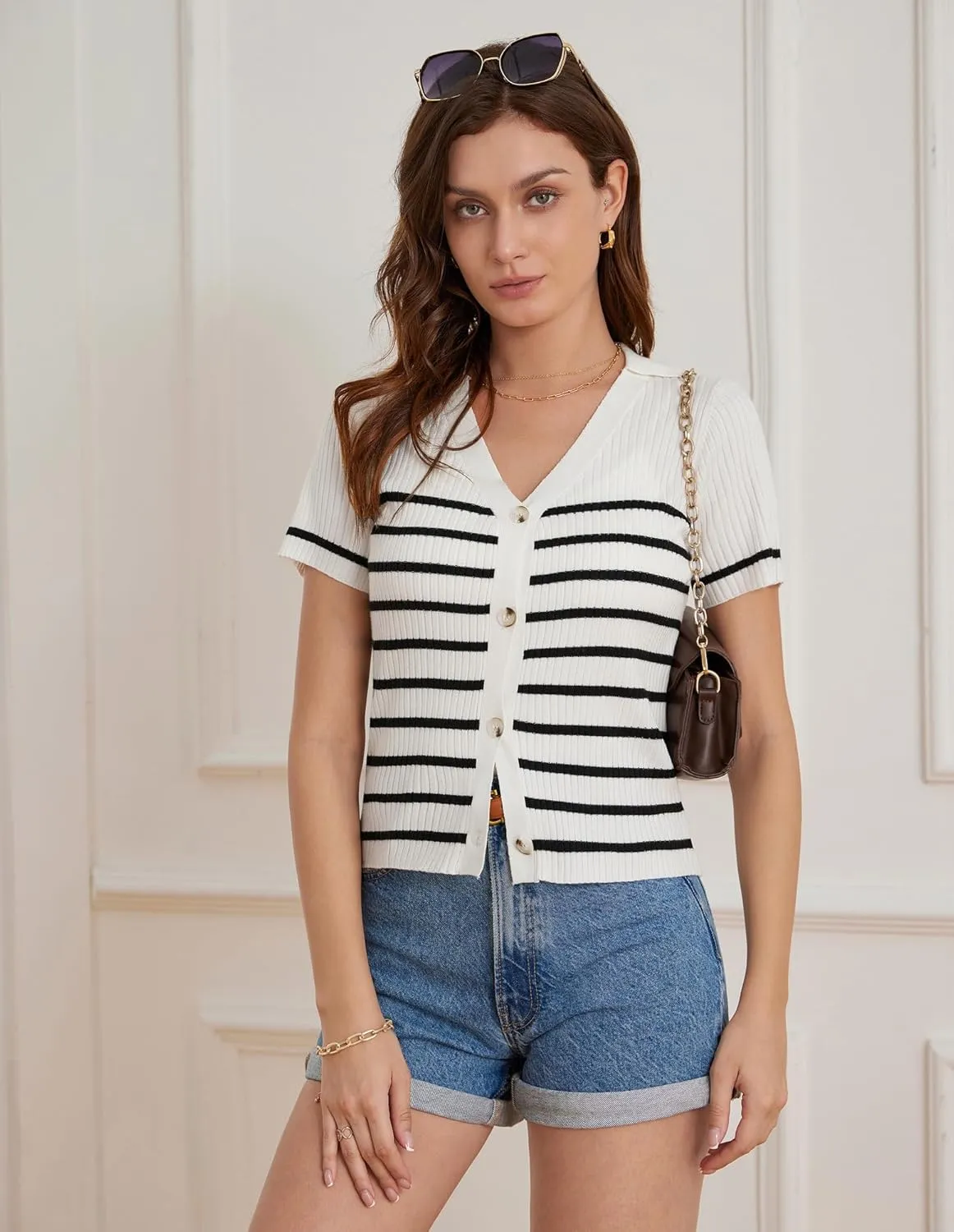 GRACE KARIN Womens Short Sleeve Sweater Tops V Neck Knitted Striped Shirts Casual Collared Work Top Comfy 2025 Summer