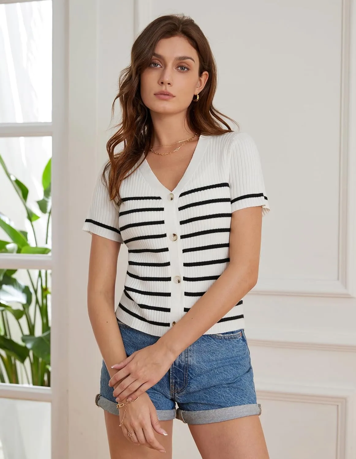 GRACE KARIN Womens Short Sleeve Sweater Tops V Neck Knitted Striped Shirts Casual Collared Work Top Comfy 2025 Summer