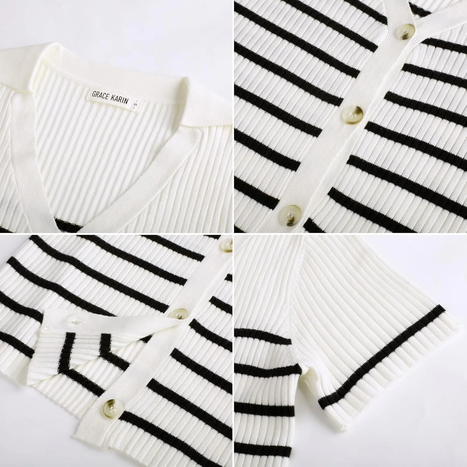 GRACE KARIN Womens Short Sleeve Sweater Tops V Neck Knitted Striped Shirts Casual Collared Work Top Comfy 2025 Summer
