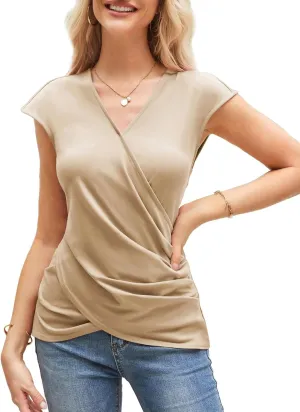 GRACE KARIN Womens Summer Tops 2024 Twist Front Tunic Shirt V Neck Cap Sleeve Wrap Blouse Business Casual Outfits