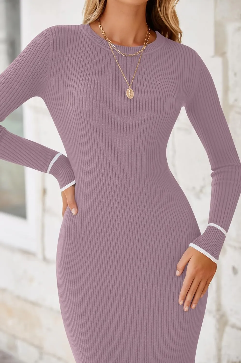 HAEOF Womens 2024 Long Sleeve Bodycon Sweater Dress Ribbed Knit Crewneck Trendy Side Slit Fall Winter Midi Dresses
