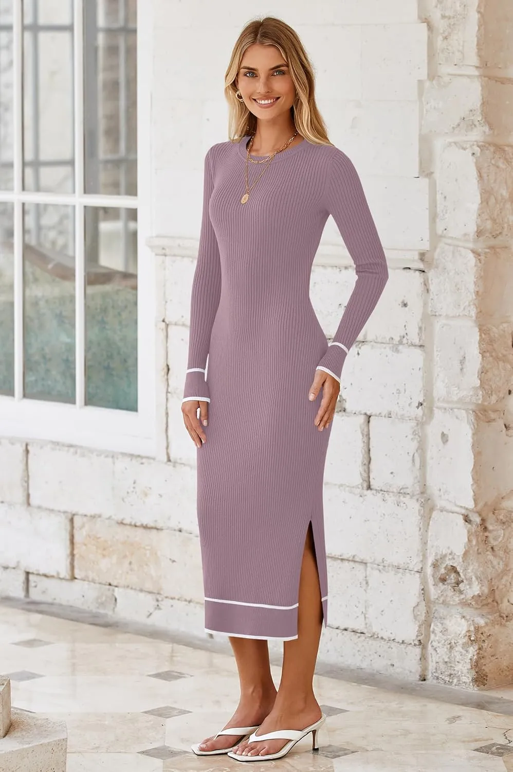 HAEOF Womens 2024 Long Sleeve Bodycon Sweater Dress Ribbed Knit Crewneck Trendy Side Slit Fall Winter Midi Dresses