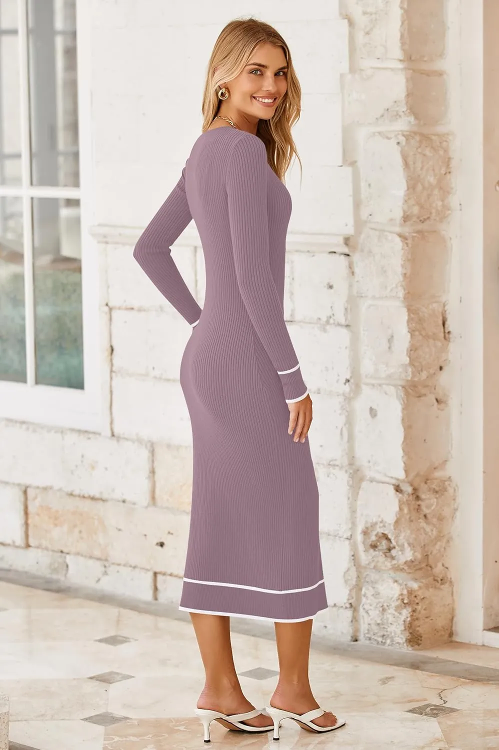 HAEOF Womens 2024 Long Sleeve Bodycon Sweater Dress Ribbed Knit Crewneck Trendy Side Slit Fall Winter Midi Dresses