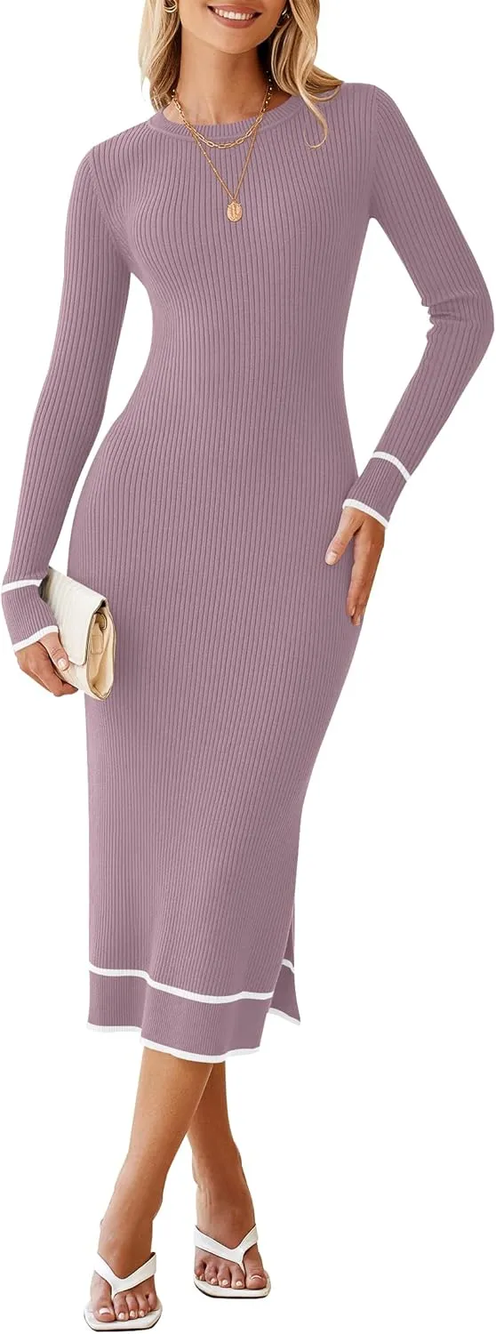 HAEOF Womens 2024 Long Sleeve Bodycon Sweater Dress Ribbed Knit Crewneck Trendy Side Slit Fall Winter Midi Dresses
