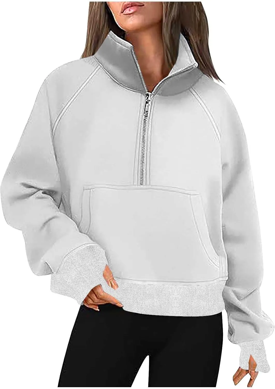 Half Zip Sweatshirt Women Fleece Trendy Crop Pullover Casual Sweaters With Pockets Fall Outfits Clothes Thumb Hole
