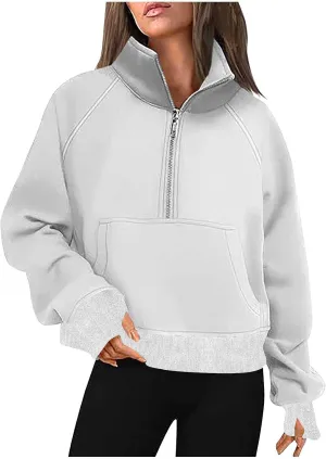Half Zip Sweatshirt Women Fleece Trendy Crop Pullover Casual Sweaters With Pockets Fall Outfits Clothes Thumb Hole