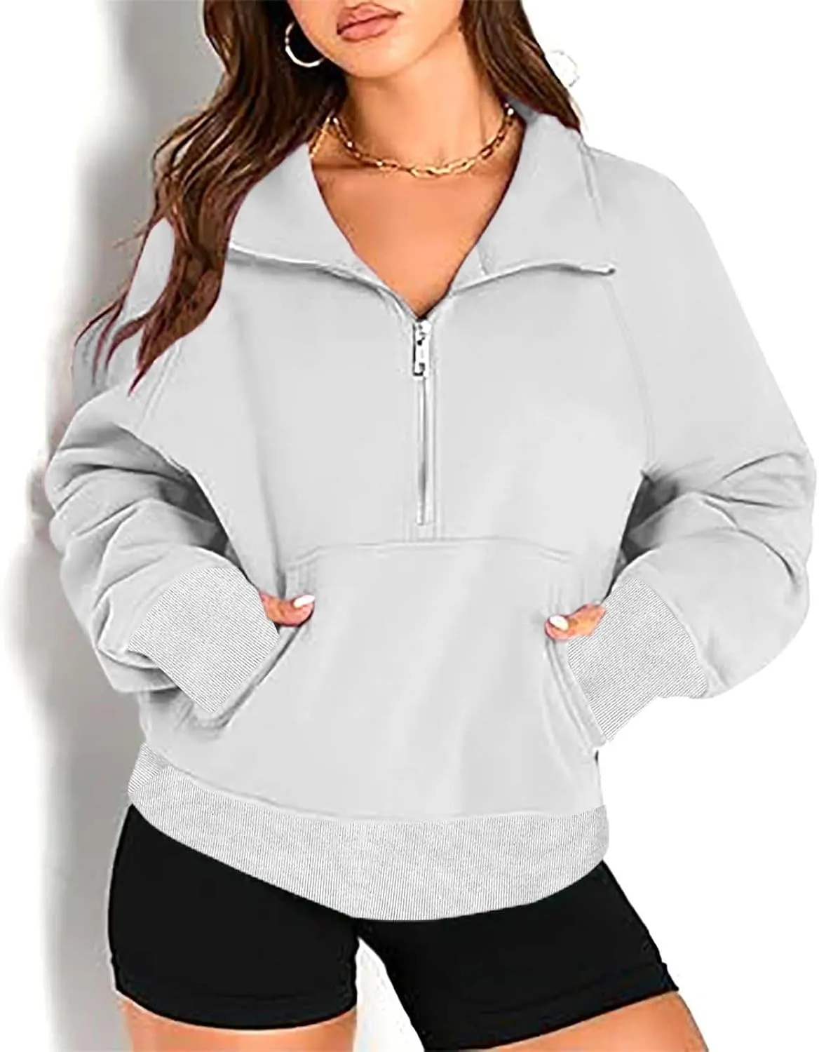 Half Zip Sweatshirt Women Fleece Trendy Crop Pullover Casual Sweaters With Pockets Fall Outfits Clothes Thumb Hole