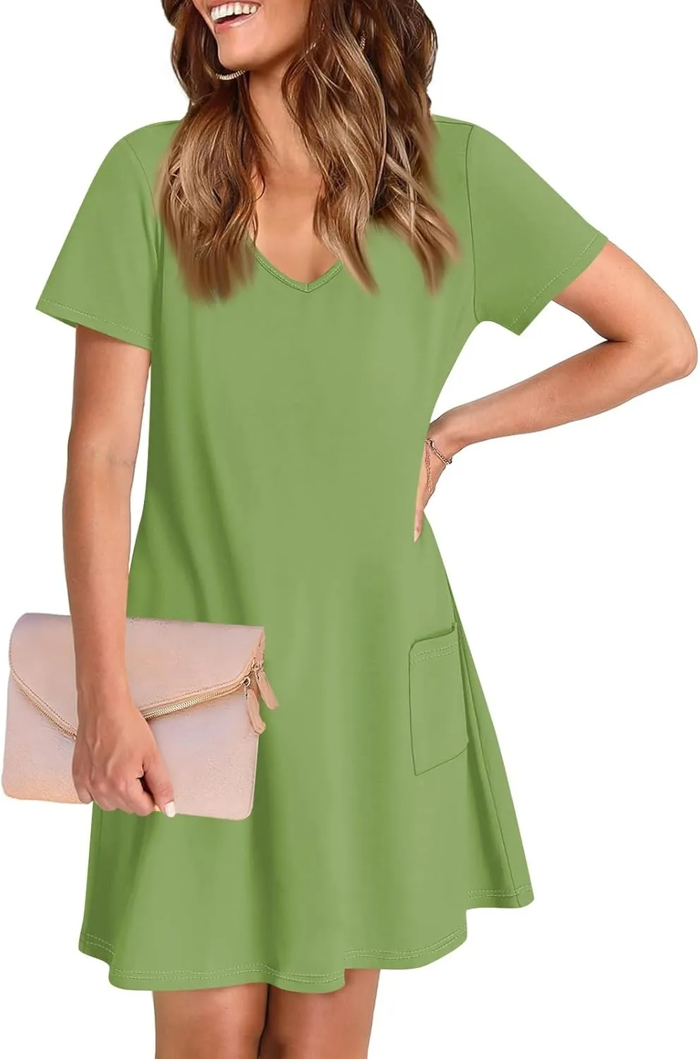 HHmei Summer Dresses for Women Loose V Neck Short Sleeve Casual T Shirt Dress Sundresses Swimsuit Coverup with Pockets
