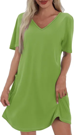 HHmei Summer Dresses for Women Loose V Neck Short Sleeve Casual T Shirt Dress Sundresses Swimsuit Coverup with Pockets