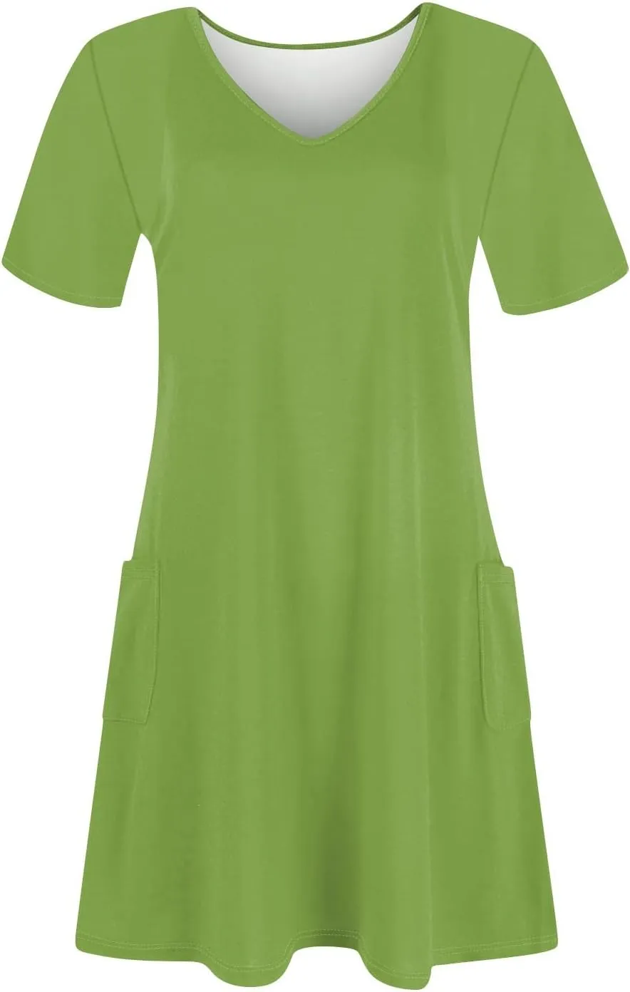 HHmei Summer Dresses for Women Loose V Neck Short Sleeve Casual T Shirt Dress Sundresses Swimsuit Coverup with Pockets