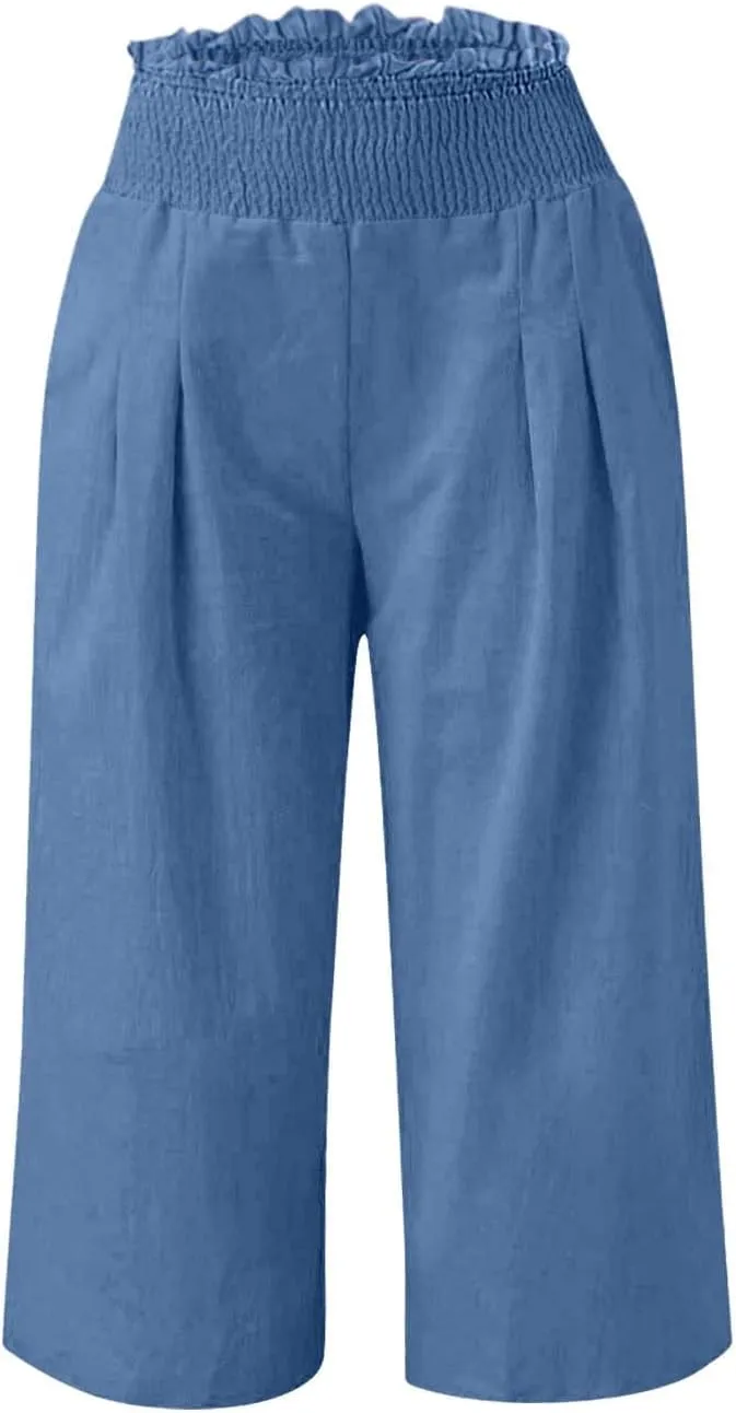 High Waisted Palazzo Pants for Women Wide Leg Linen Capri Pant Casual Summer Beach Cropped Trousers with Pockets