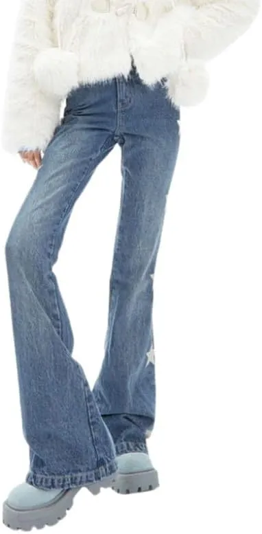 Hopecn Women's Y2K Flare Jeans Star Rhinestone Bell Bottom Pants Vintage Aesthetic Streetwear Y2K Fashion