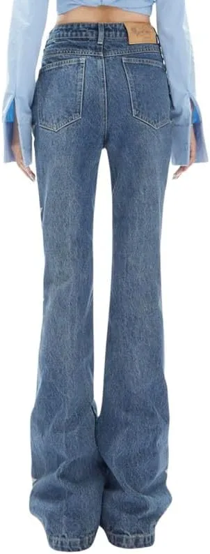 Hopecn Women's Y2K Flare Jeans Star Rhinestone Bell Bottom Pants Vintage Aesthetic Streetwear Y2K Fashion