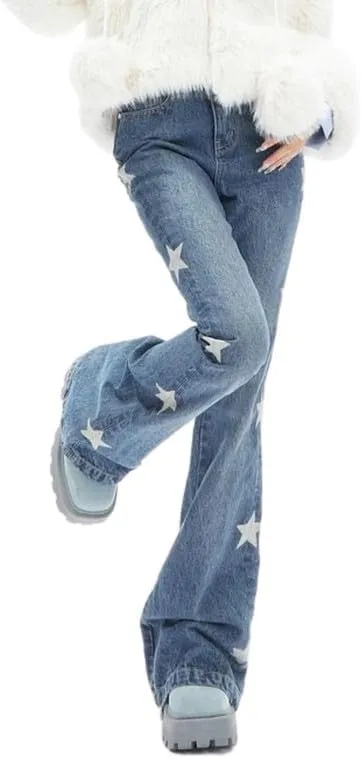 Hopecn Women's Y2K Flare Jeans Star Rhinestone Bell Bottom Pants Vintage Aesthetic Streetwear Y2K Fashion
