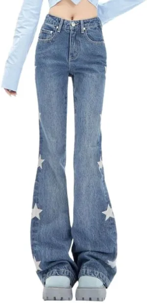 Hopecn Women's Y2K Flare Jeans Star Rhinestone Bell Bottom Pants Vintage Aesthetic Streetwear Y2K Fashion