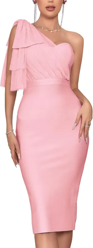 houstil Women's One Shoulder Cocktail Bandage Dress Midi Party Mesh Bow Bodycon Wedding Guest Dresses