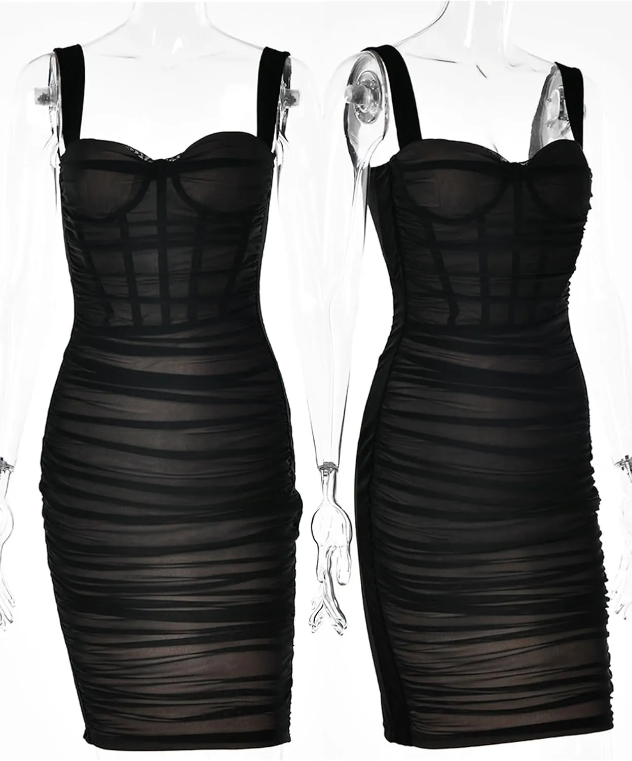 houstil Women's Strap Wedding Guest Dress Velvet Mesh Bodycon Cocktail Party Fishbone Mini Clubwear