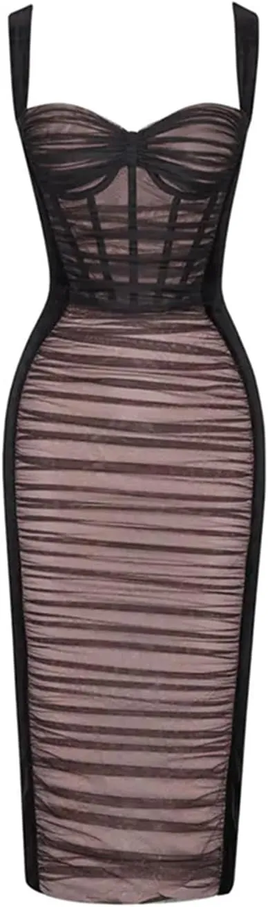 houstil Women's Strap Wedding Guest Dress Velvet Mesh Bodycon Cocktail Party Fishbone Mini Clubwear