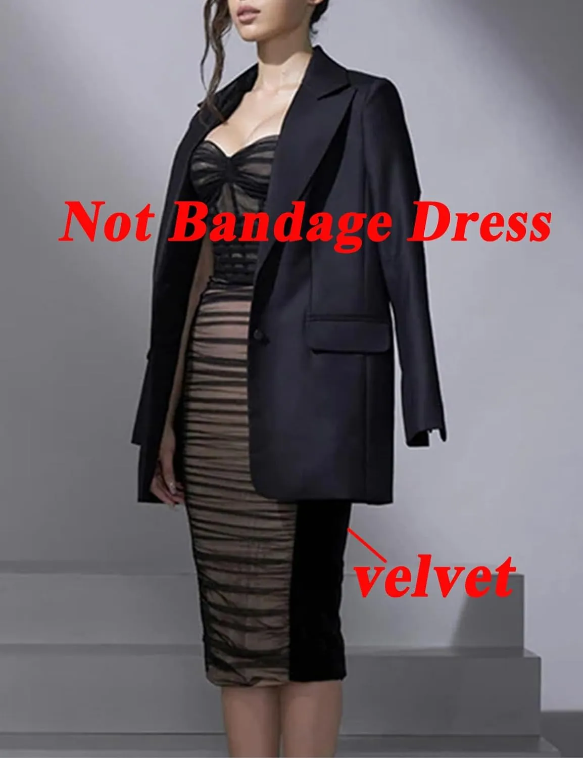 houstil Women's Strap Wedding Guest Dress Velvet Mesh Bodycon Cocktail Party Fishbone Mini Clubwear