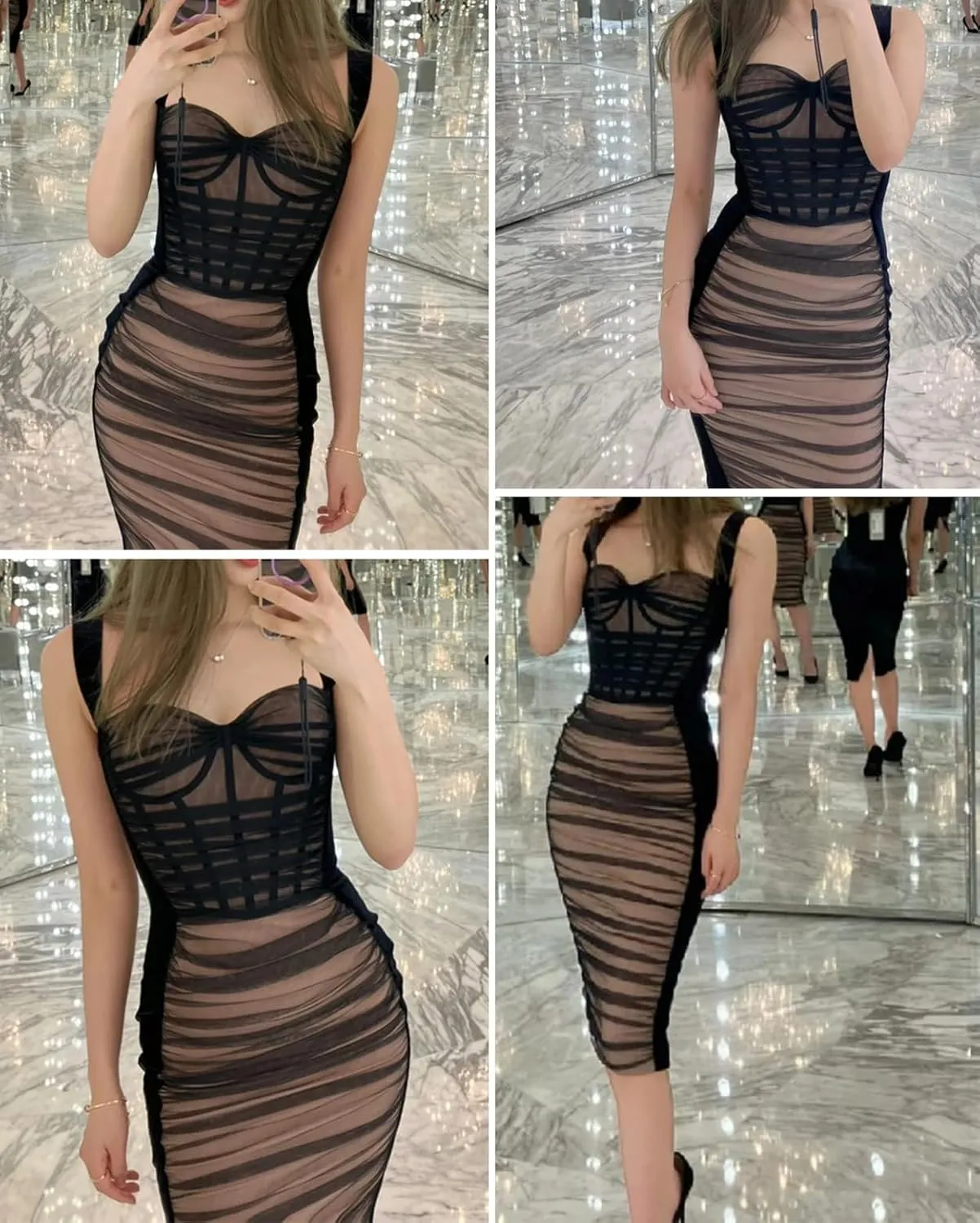 houstil Women's Strap Wedding Guest Dress Velvet Mesh Bodycon Cocktail Party Fishbone Mini Clubwear