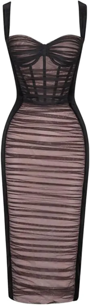 houstil Women's Strap Wedding Guest Dress Velvet Mesh Bodycon Cocktail Party Fishbone Mini Clubwear