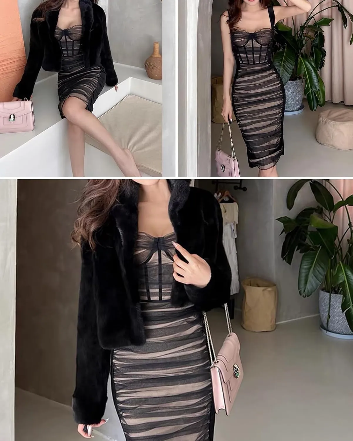houstil Women's Strap Wedding Guest Dress Velvet Mesh Bodycon Cocktail Party Fishbone Mini Clubwear