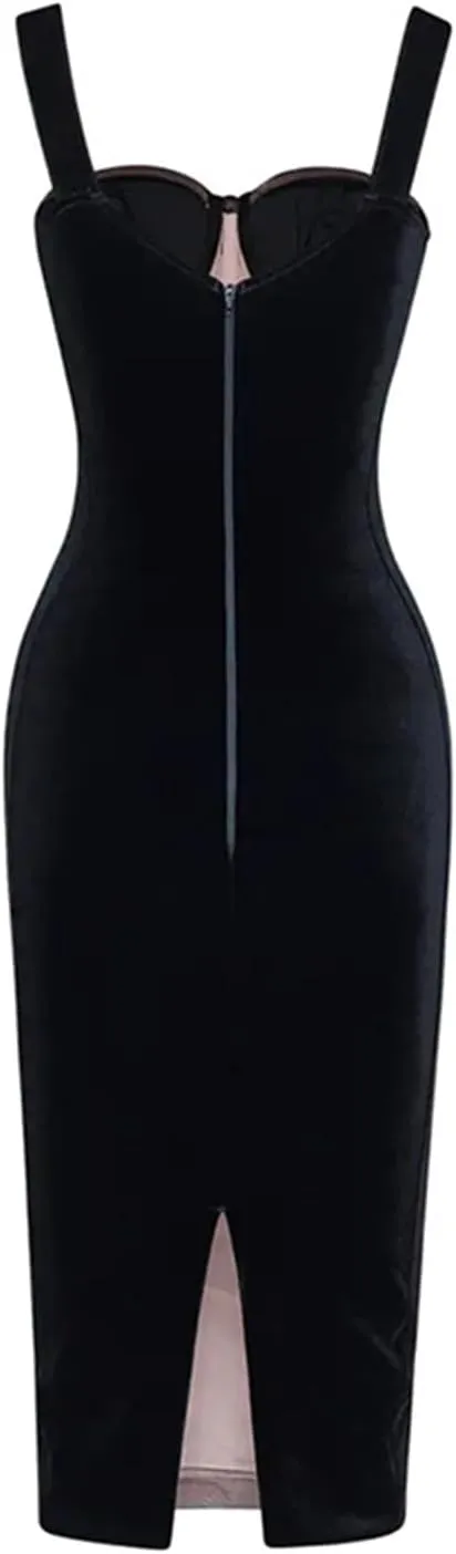 houstil Women's Strap Wedding Guest Dress Velvet Mesh Bodycon Cocktail Party Fishbone Mini Clubwear