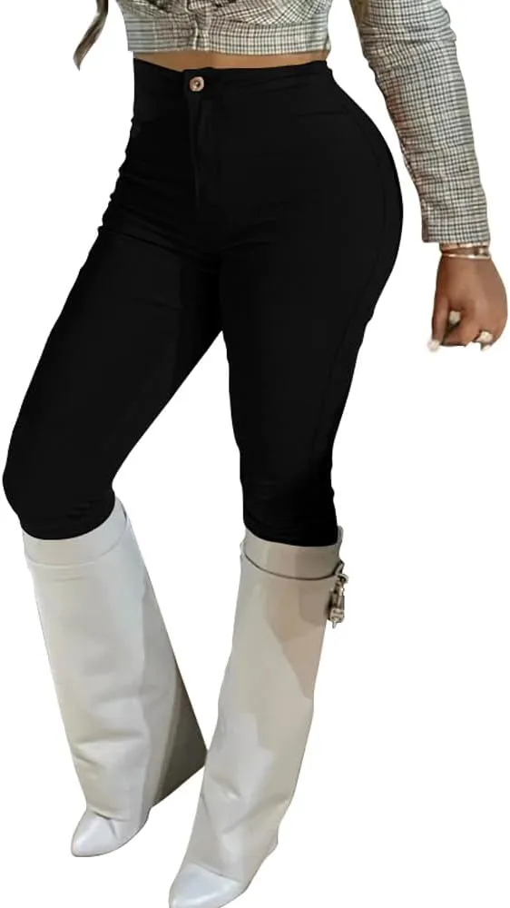 HTD Women's High Waisted Skinny Pants Stretchy Jeggings with Pockets