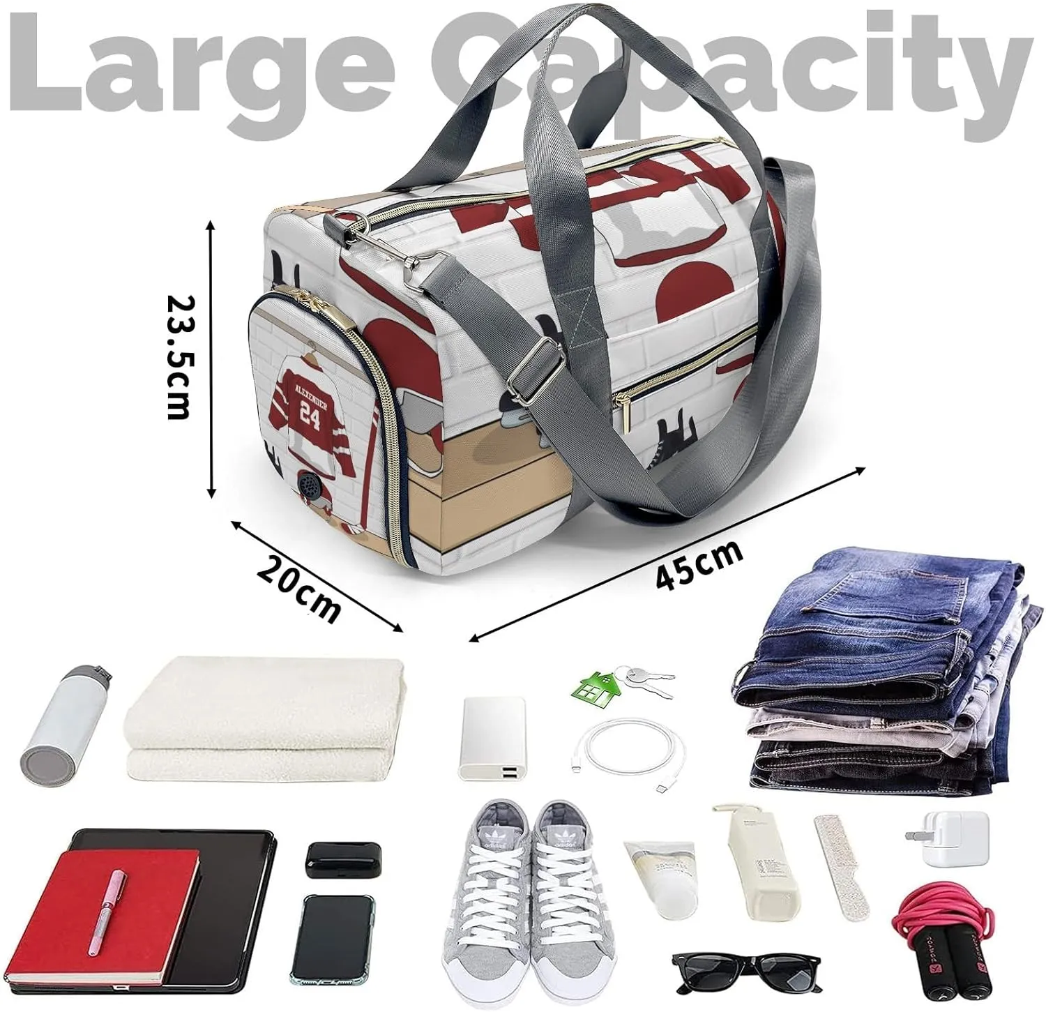 Ice Hockey Sport Team Number Burgundy Duffle Bag for Travel, Weekender Bag with Shoe Compartment, Carry On Overnight Bag Gym Bag Hospital Bags