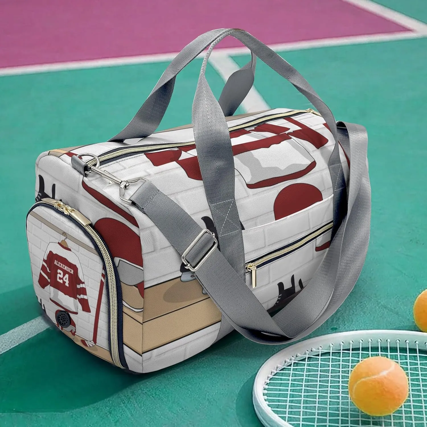 Ice Hockey Sport Team Number Burgundy Duffle Bag for Travel, Weekender Bag with Shoe Compartment, Carry On Overnight Bag Gym Bag Hospital Bags