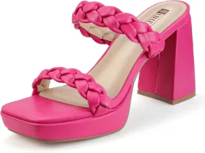 IDIFU IN4 Platform Heels High Braided Chunky Block Square Toe Wedding Bridal Prom Dress Shoes for Women Bride Strappy Open Toe Slip On Heeled Sandals Comfortable Trendy Mules Slide Heels