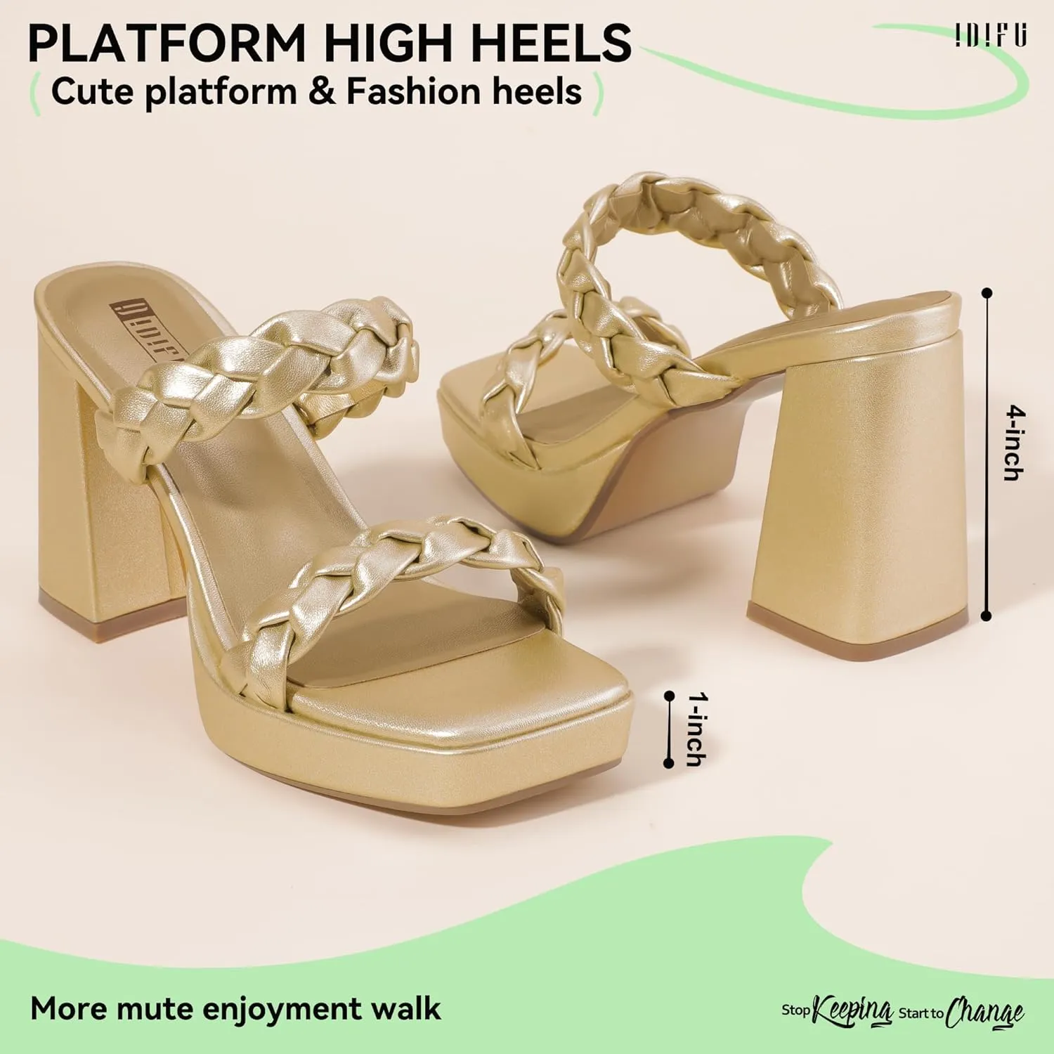 IDIFU IN4 Platform Heels High Braided Chunky Block Square Toe Wedding Bridal Prom Dress Shoes for Women Bride Strappy Open Toe Slip On Heeled Sandals Comfortable Trendy Mules Slide Heels