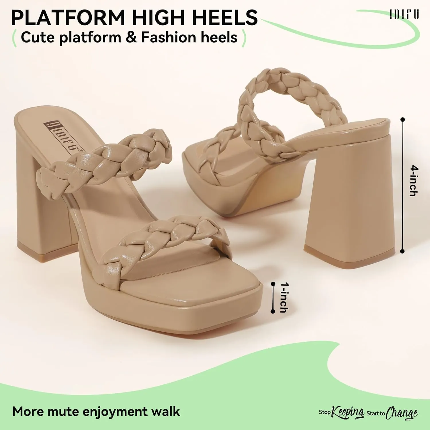 IDIFU IN4 Platform Heels High Braided Chunky Block Square Toe Wedding Bridal Prom Dress Shoes for Women Bride Strappy Open Toe Slip On Heeled Sandals Comfortable Trendy Mules Slide Heels