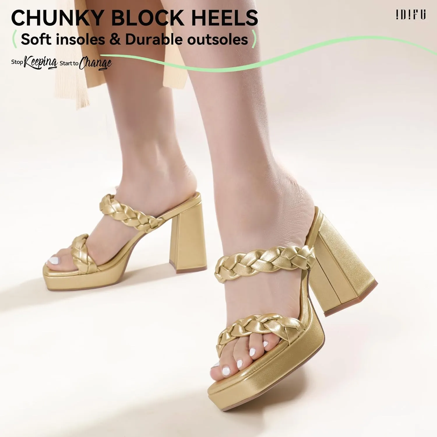 IDIFU IN4 Platform Heels High Braided Chunky Block Square Toe Wedding Bridal Prom Dress Shoes for Women Bride Strappy Open Toe Slip On Heeled Sandals Comfortable Trendy Mules Slide Heels