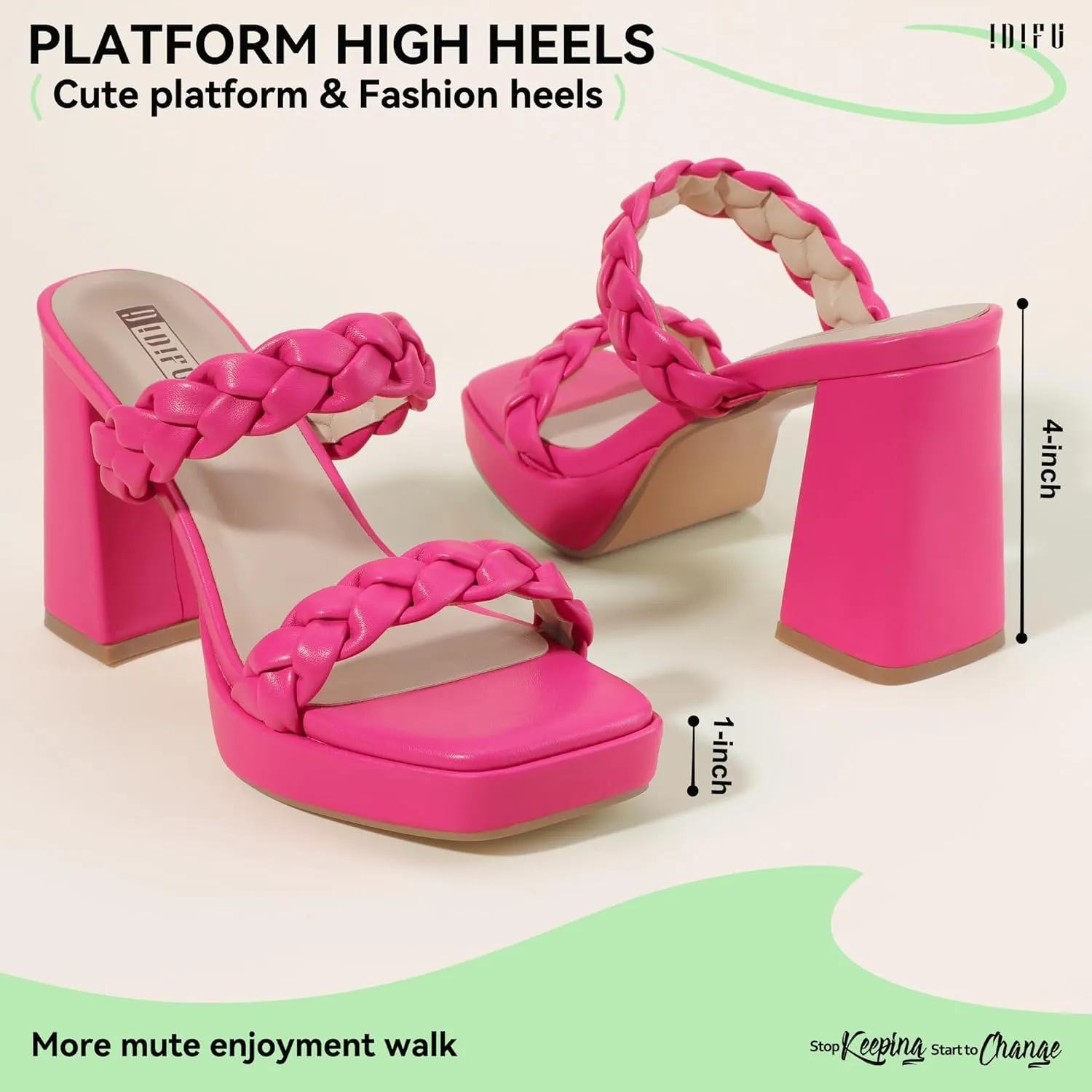 IDIFU IN4 Platform Heels High Braided Chunky Block Square Toe Wedding Bridal Prom Dress Shoes for Women Bride Strappy Open Toe Slip On Heeled Sandals Comfortable Trendy Mules Slide Heels