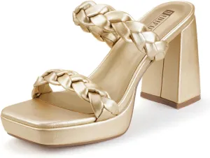 IDIFU IN4 Platform Heels High Braided Chunky Block Square Toe Wedding Bridal Prom Dress Shoes for Women Bride Strappy Open Toe Slip On Heeled Sandals Comfortable Trendy Mules Slide Heels