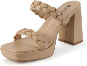 IDIFU IN4 Platform Heels High Braided Chunky Block Square Toe Wedding Bridal Prom Dress Shoes for Women Bride Strappy Open Toe Slip On Heeled Sandals Comfortable Trendy Mules Slide Heels