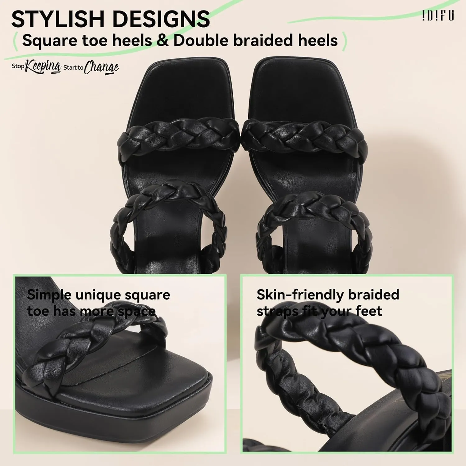 IDIFU IN4 Platform Heels High Braided Chunky Block Square Toe Wedding Bridal Prom Dress Shoes for Women Bride Strappy Open Toe Slip On Heeled Sandals Comfortable Trendy Mules Slide Heels