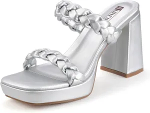 IDIFU IN4 Platform Heels High Braided Chunky Block Square Toe Wedding Bridal Prom Dress Shoes for Women Bride Strappy Open Toe Slip On Heeled Sandals Comfortable Trendy Mules Slide Heels